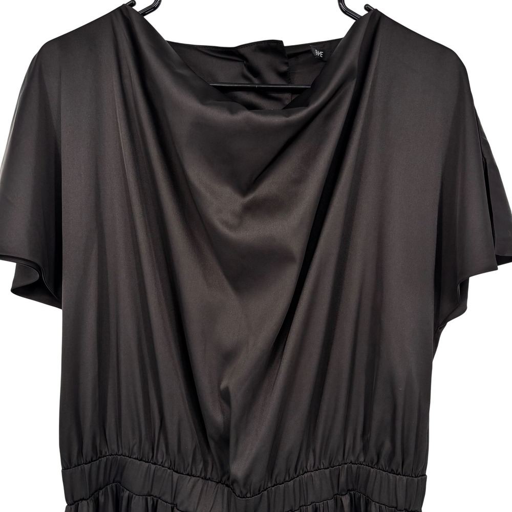 ENME Black Satin Cowl Neck Jumpsuit Short Flutter Sleeve Wide Leg Button Back